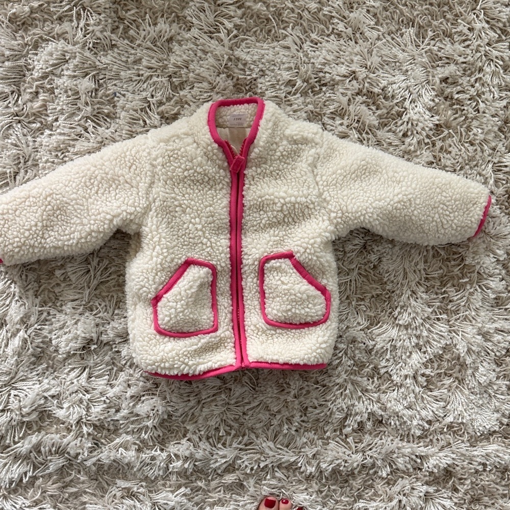 Cream Sherpa Fleece Jacket with Pink Trim size 12m
